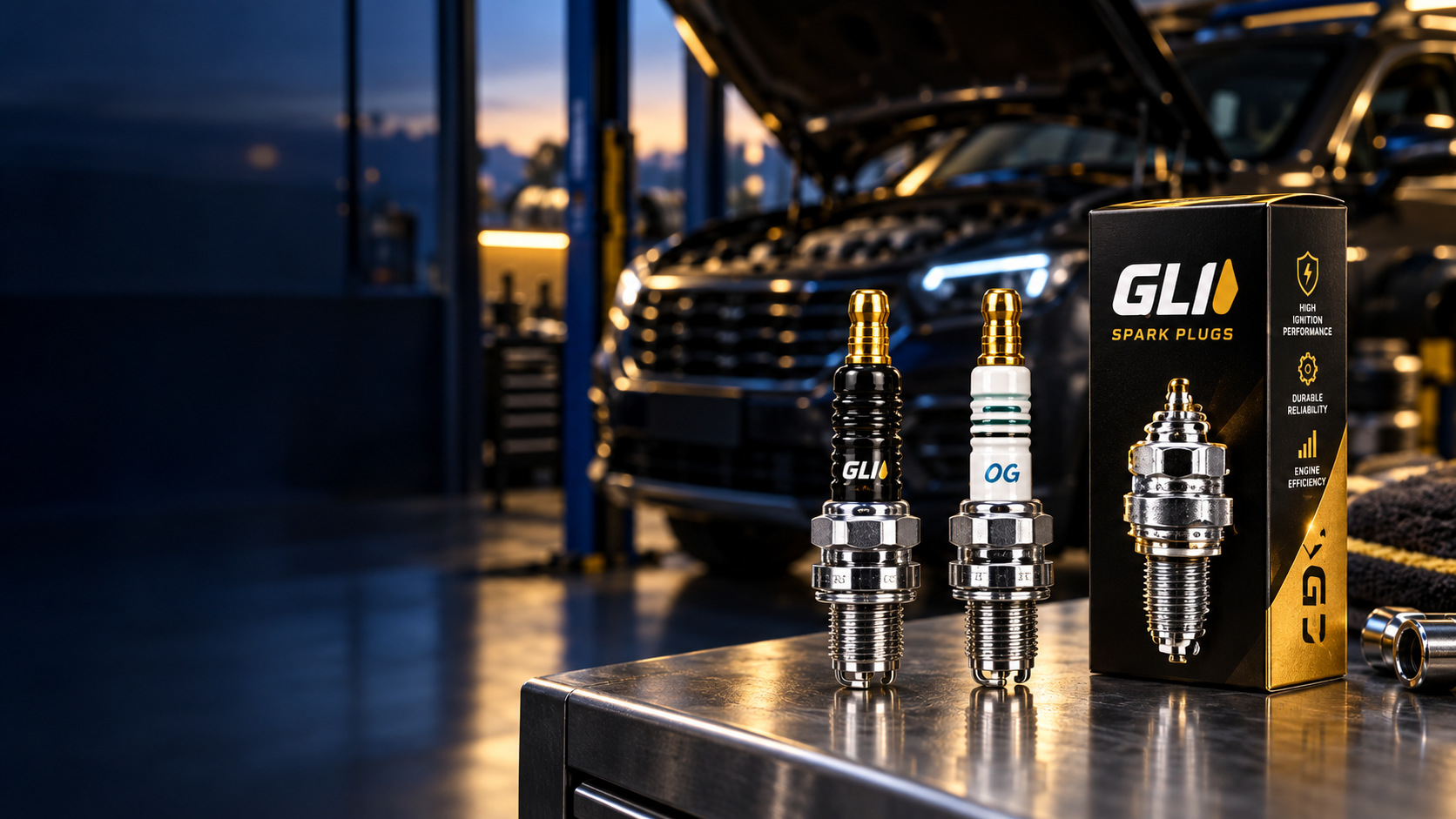 Bougies automobiles GLI présentées dans un atelier moderne