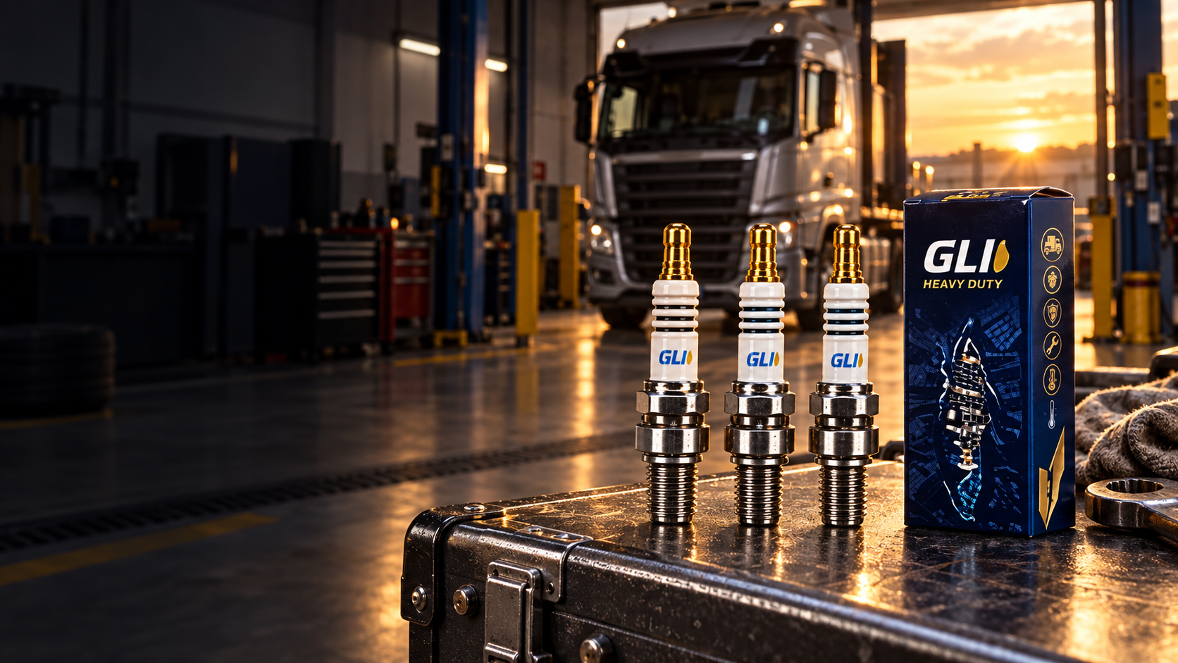 Bougies poids lourds GLI dans un atelier de maintenance camion