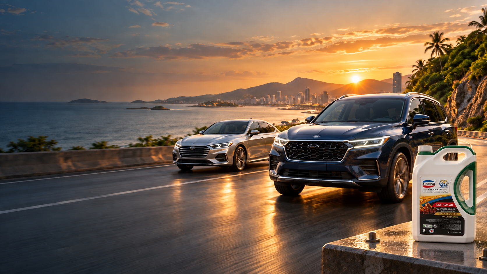 Automobile et SUV sur une route côtière